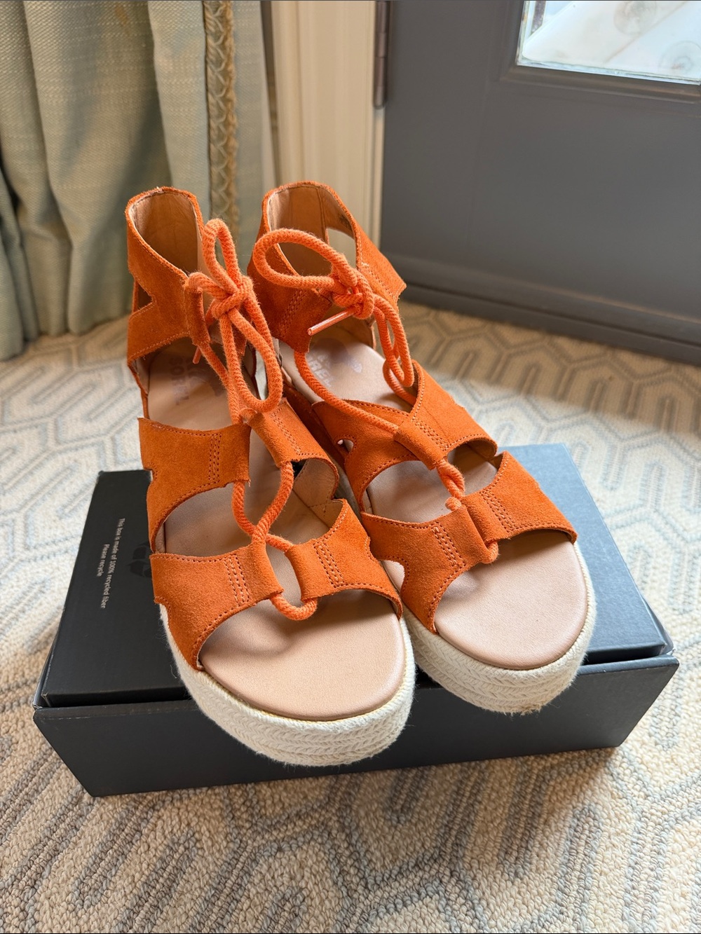 Sorel Cameron Flatform Lace Up Espadrille Sandals Orange Suede Size 8 EU 39